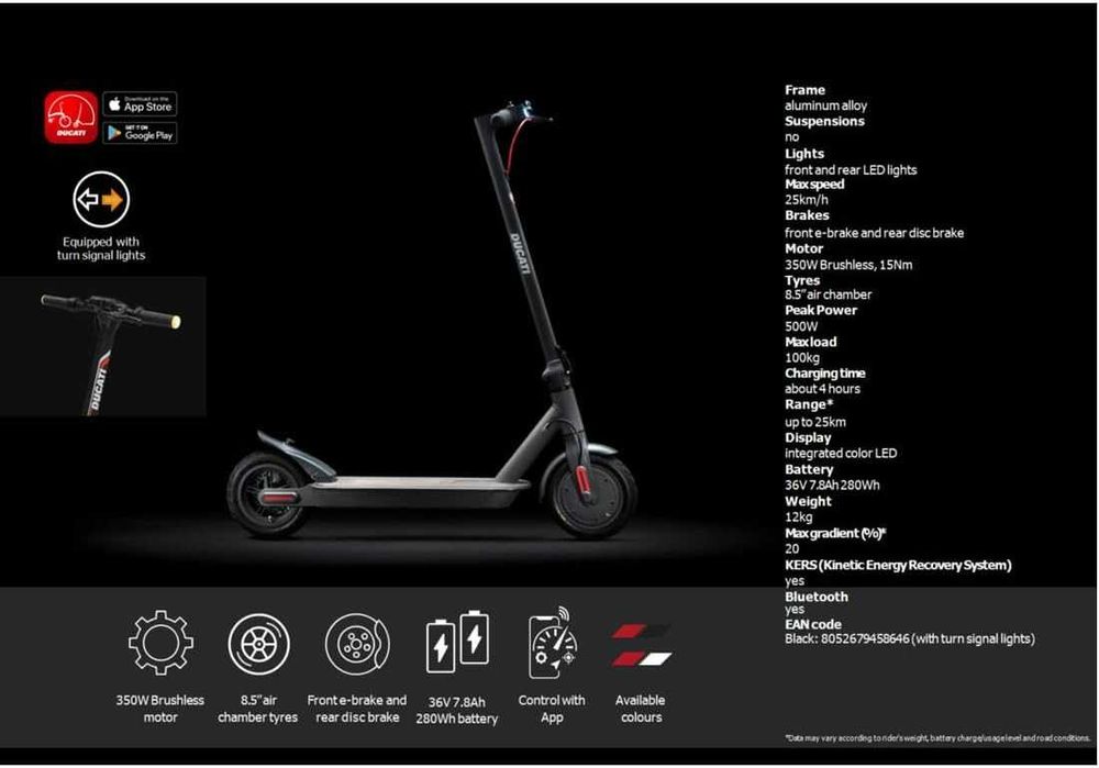 Електросамокат Ducati E-Scooter Pro-I Evo Black 350 Вт вага 12 кг