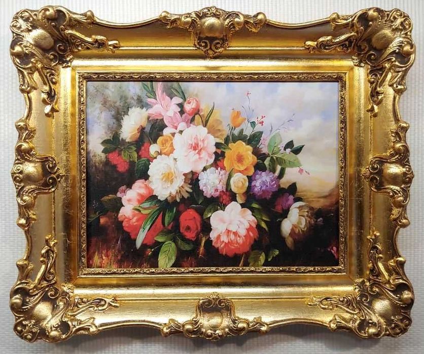 Róże . Obraz w stylowej złotej ramie 49x59
