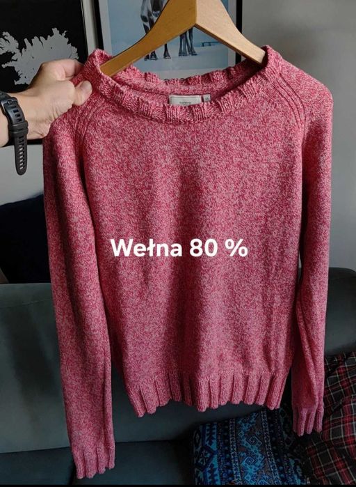 Sweter damski dobry skład wełna różowy rozm 34 36