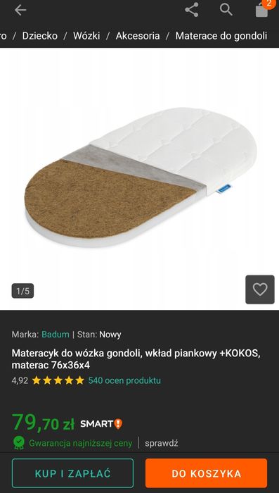 Materacyk do gondoli kokos 4 cm!