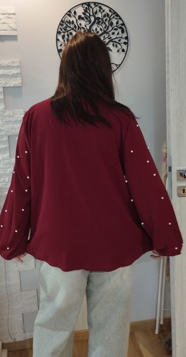 Duża bluzka bordo perełki wiązanie XXL