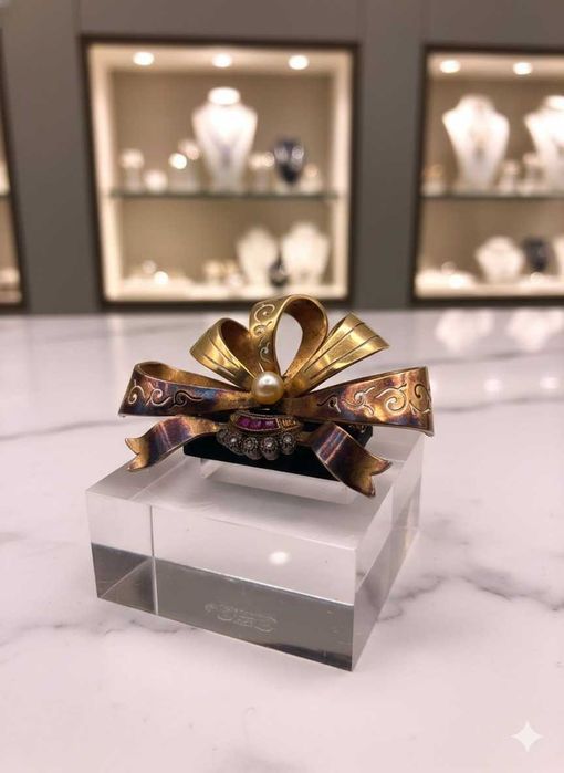 Raro Alfinete de Peito “Laço” em Ouro 19.2k (800) – 7,2g