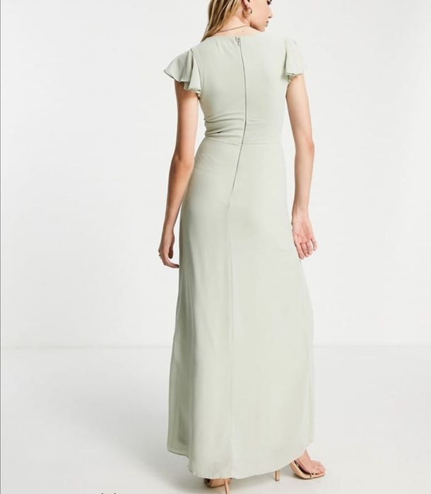 Sukienka szałwiowa długa wizytowa z rozcięciem