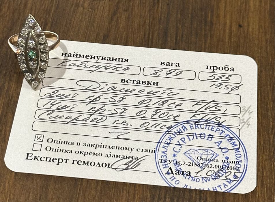 Золотое кольцо с бриллиантами и изумрудом