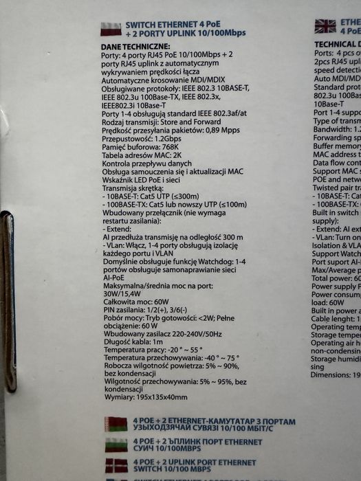Switch Ethernet 4 PoE + 2 Porty UPLINK 10/100Mbps Esperanza