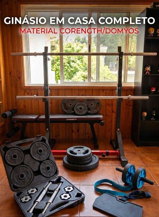 Ginásio Completo Decathlon: Rack Corength + Barras + Banco + Kit Pesos 50kg+