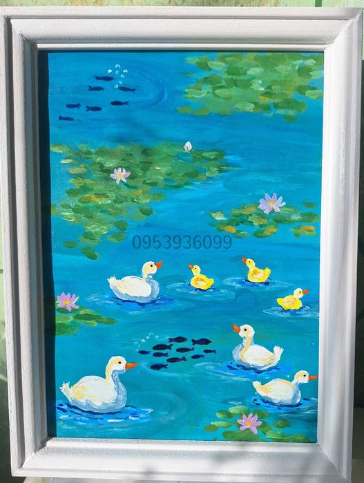 Картини акрилом "Затишок", "Ставочок","Гортензії ","Погляд в майбутнє"