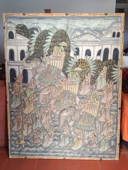 Quadro grande antigo pintado a mao sobre seda origem India