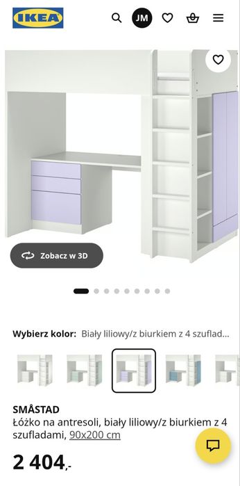 Łóżko na antresoli, biały liliowy/z biurkiem z 4 szufladami, 90x200 cm z ikei