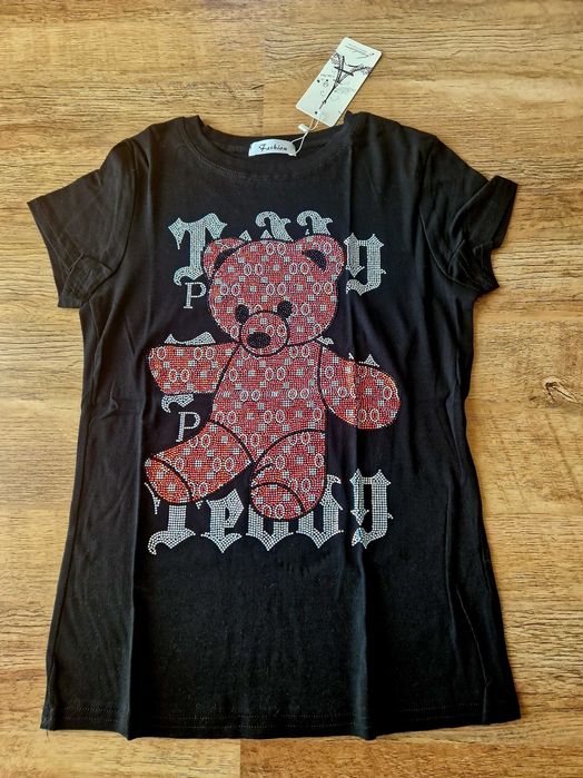 T-shirt bluzka czarna różowy miś kryształki cekiny NOWA