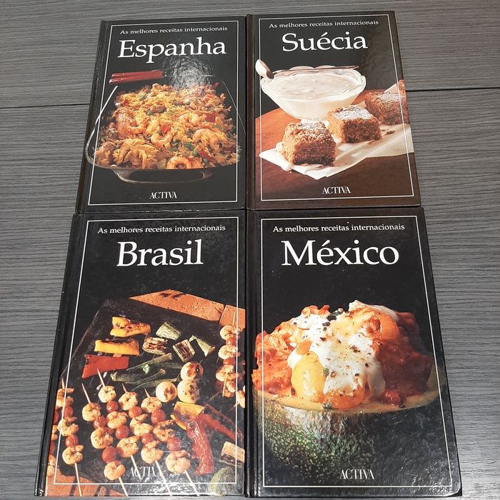 4 livros de culinária: Brasil, Espanha, México e Suécia