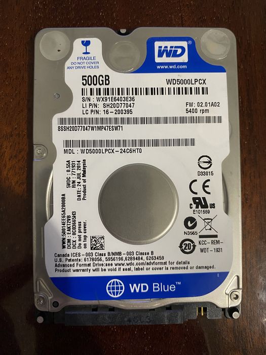 Жесткий диск Western Digital Blue 500Gb 5400rpm 16МВ WD5000LPCX 2.5”