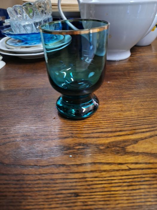 Piękna szklanka grube dno złoto turkus  PRL