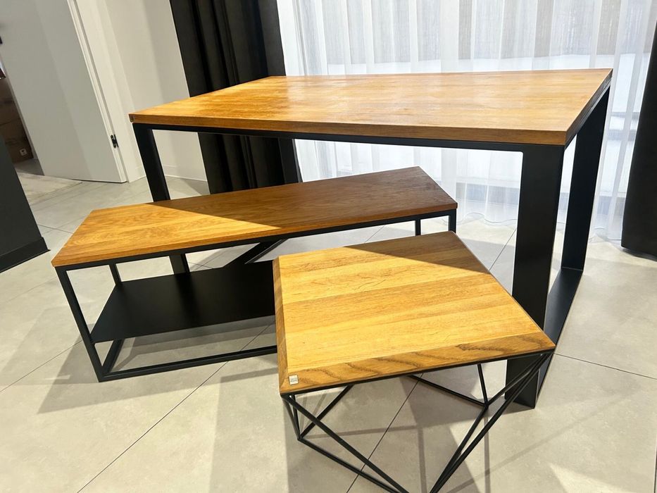 Stół drewniany INDUSTRIALNY ORLANDO DĄB, stolik kawowy i polka RTV