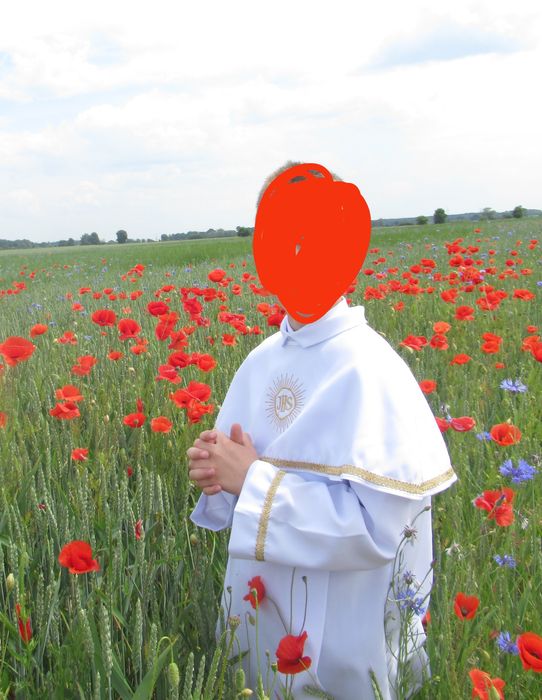 JAK NOWA Alba komunijna dla chłopca r. 146 krótka piękna hostia