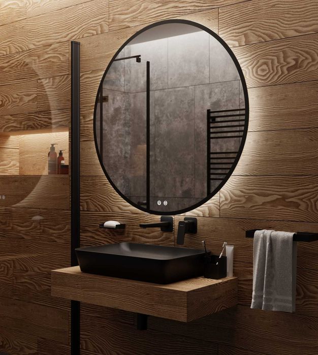 Okrągłe lustro LED produkt PL 80cm z czarną ramą czarna rama