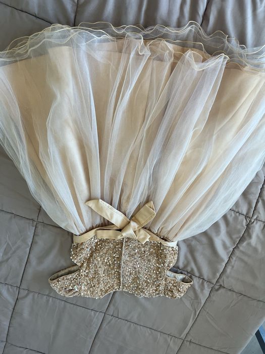 Vestido bege/dourado com lantejoulas e tule