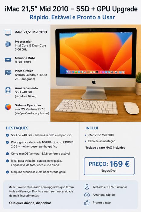 iMac 21,5” Mid 2010 | SSD + macOS Ventura | Pronto a usar