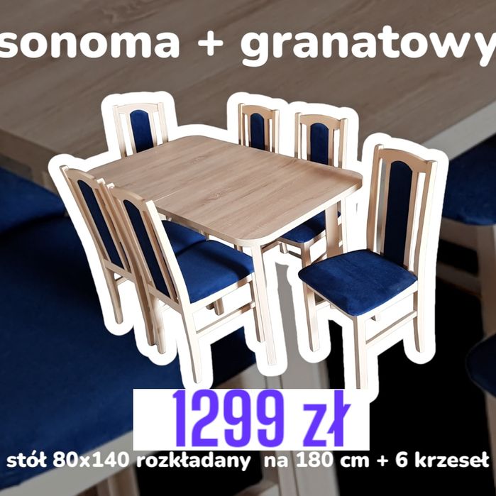Nowe: Stół 80x140/180 + 6 krzeseł, sonoma + granat, dostawa cała PL
