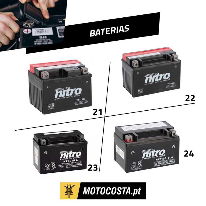 Baterias para Moto, UTV e Lítio – Gama Completa GS, Nitro e Shido – Referências 6V e 12V – Convencionais, Gel e Lítio