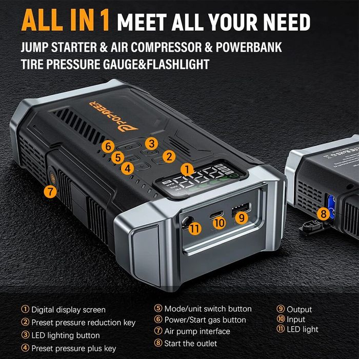 Booster 12V com Compressor de Ar 5000A, Lanterna, Powerbank, Car Start