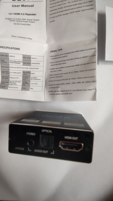Ezcoo  1*1 HDMI 2.0  повторювач HDMI, екстрактор аудіо з HDMI