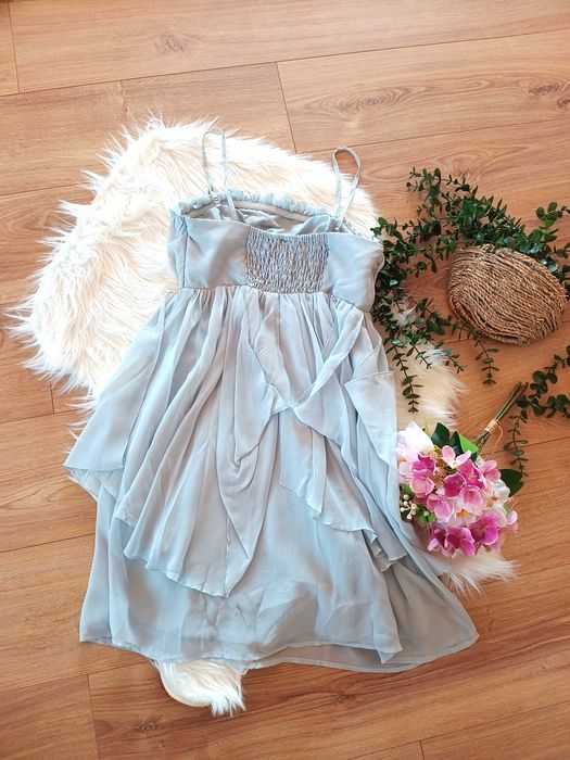 imprezowa szara turkusowa sukienka z falbanką na ramiączkach 36S