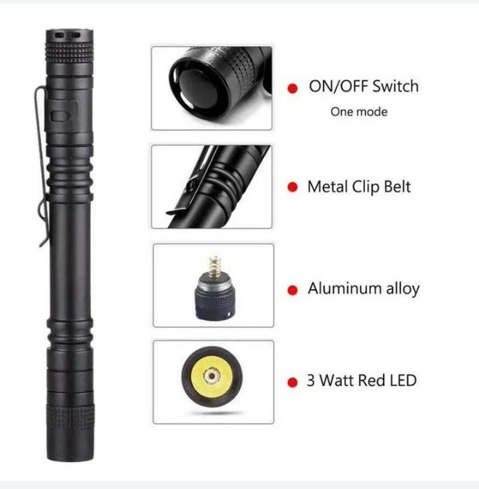 Тактический мини фонарик в виде ручки с красным светом.