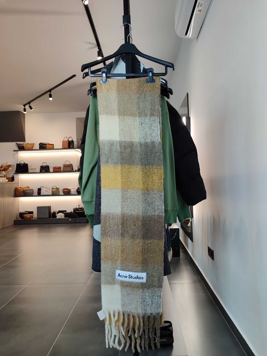 Шарф Acne Studios Checked Wool Fringe Scarf Taupe/Green/Black