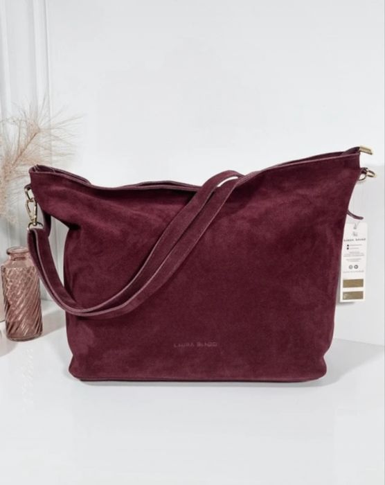Skórzana shopperka burgundowa miekka zamszowa pakowna Laura Biaggi