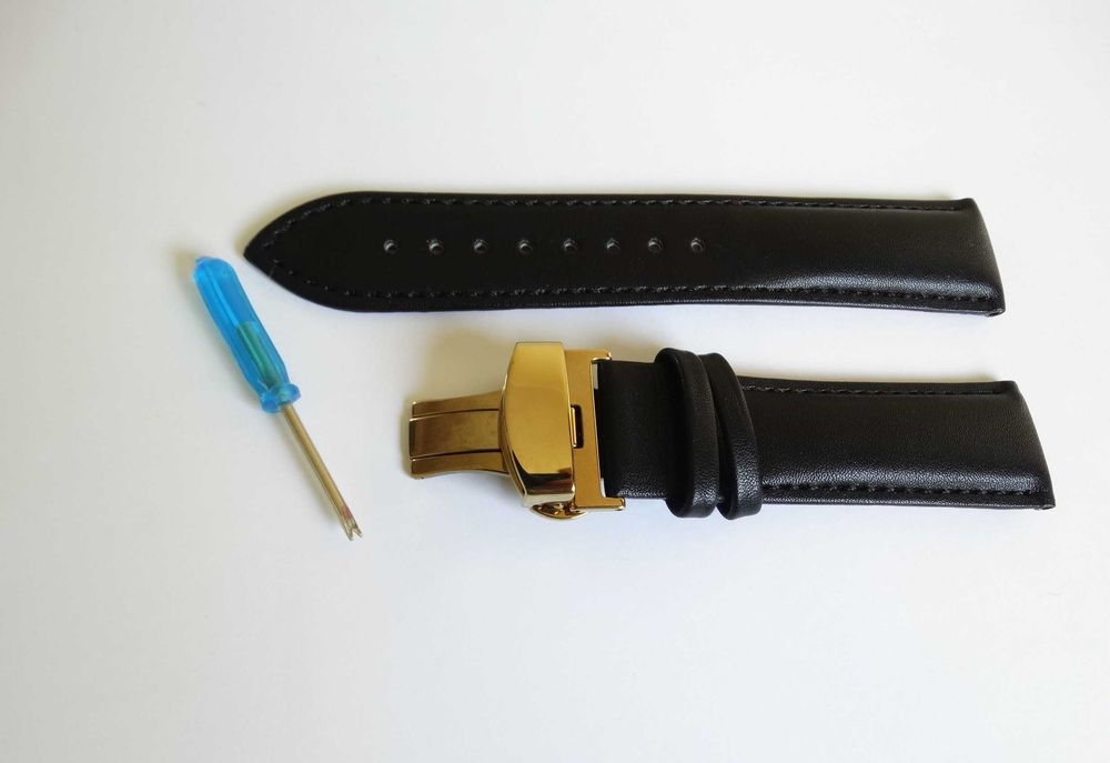 Czarny pasek do zegarka 22mm złota klamra motylkowa skórzany