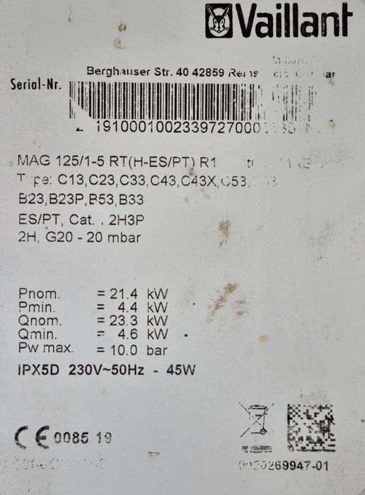 Esquentador Gás natural G20 (VAILLANT)