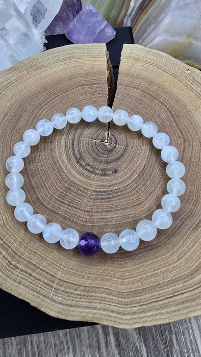 Браслет з натурального каміння - Місячний камінь (Адуляр) з Аметистом