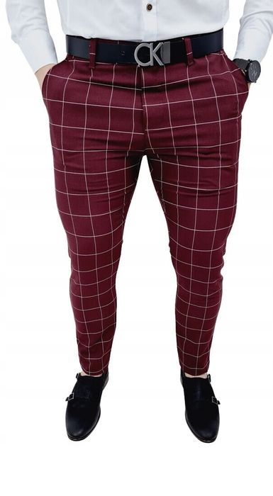 Bordowe spodnie męskie w krate slim fit 3018 - 38