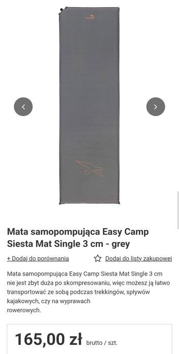 Easy Camp Siesta 3cm single mata kempingowa  szara