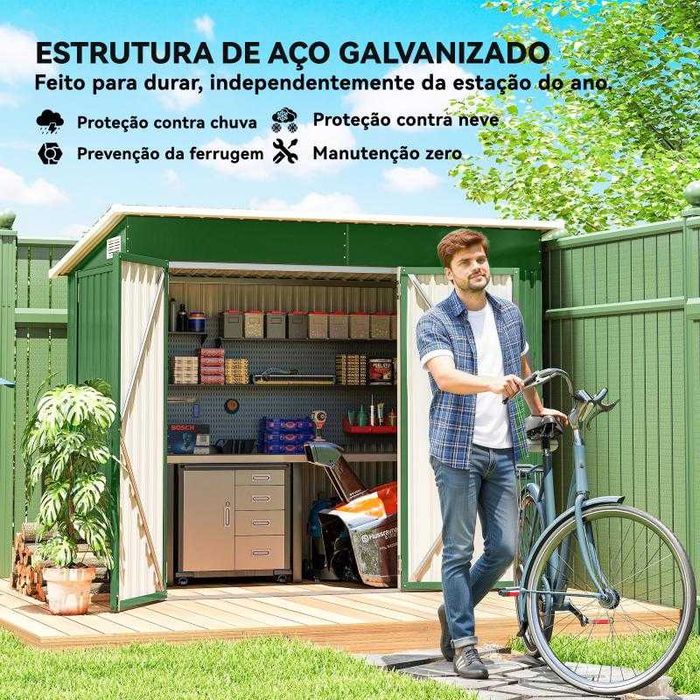Abrigo de Jardim Metálico – 234x132x185 cm | Três Portas com Fechadura