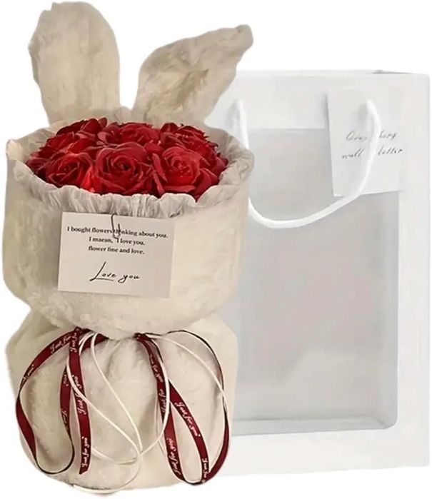 1 Букет Штучних Квітів "Довгошерстий Кролик-Троянда", Подарунок на Ден