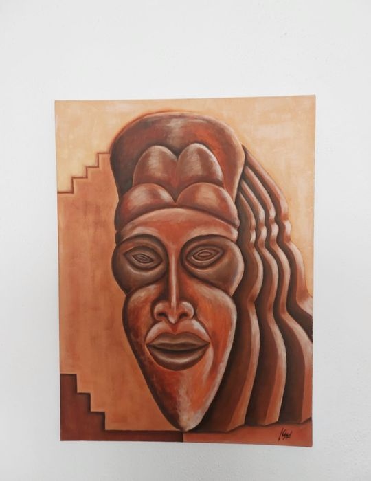 Tela pintura máscara africana oleo sobre tela 73x54cms