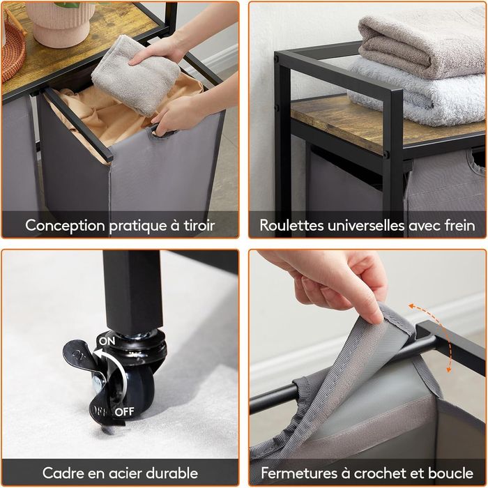 Kosz na pranie 120l 3 komory szare na kółkach wada