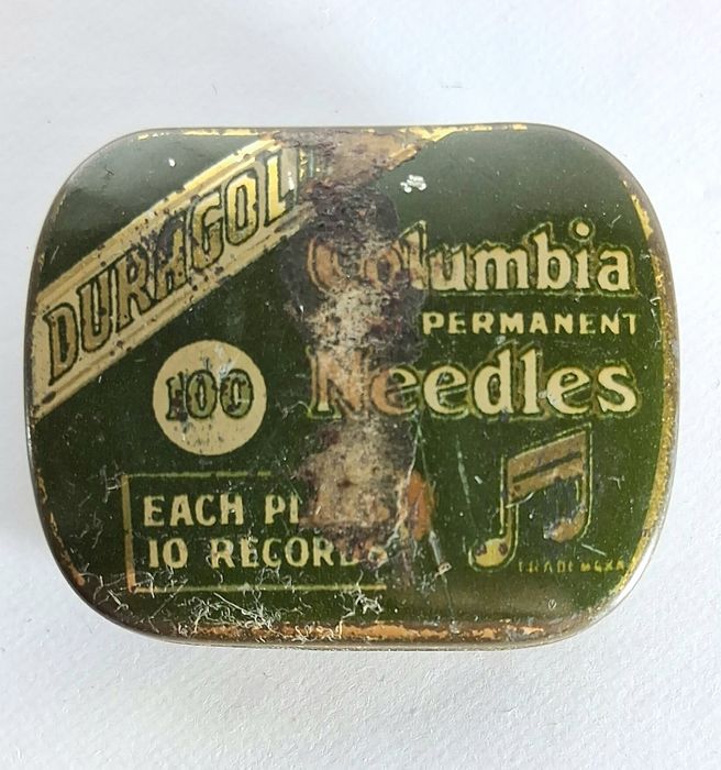 Lata antiga com agulhas para grafonola Columbia