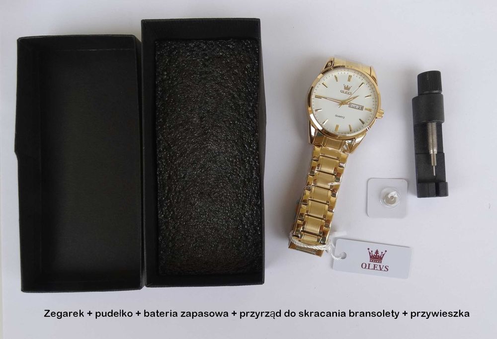 Zegarek męski złoty klasyczny do garnituru bransoleta datownik pudełko