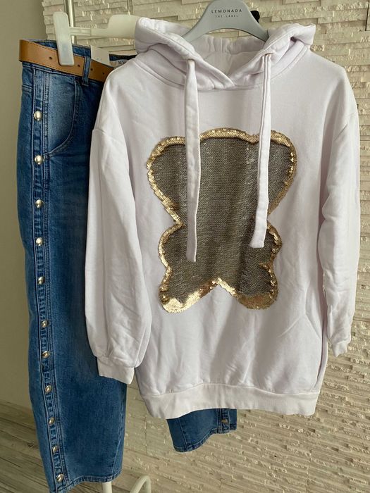 Cocomore biała bluza z misiem cekiny miś teddy