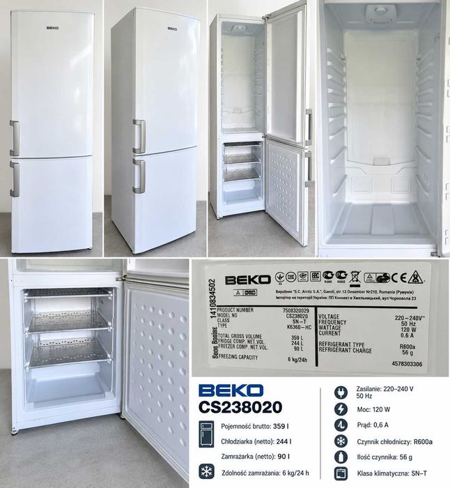 BEKO CS238020 – lodówka (chłodziarko zamrażarka) 359L, 201 cm wys. 60 cm szer. 60 cm gł.