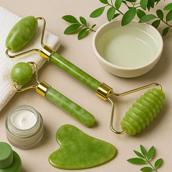 Masażer jadeitowy roller do twarzy szyi pod oczy kamień gua sha 3w1