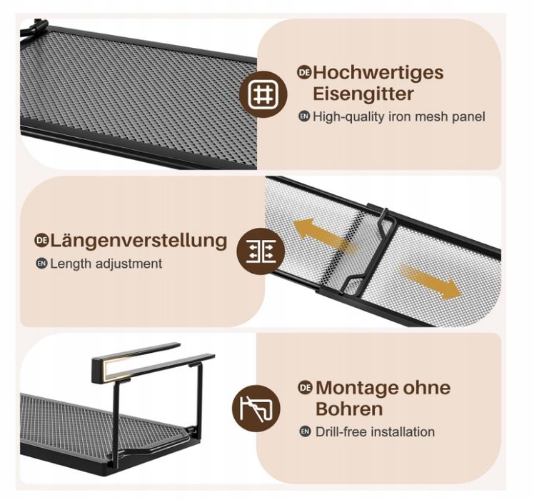 kosz pod półkę regulowany 38-70 cm organizer metalowy czarny