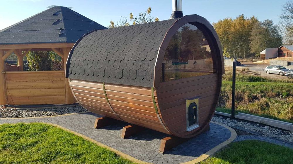 Sauna ogrodowa drewniana z tarasem beczka piec drewno 2,5m szyba 50%