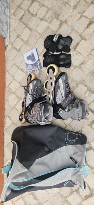 Conjunto.de Patins, proteções, e saco de transporte Oxelo.