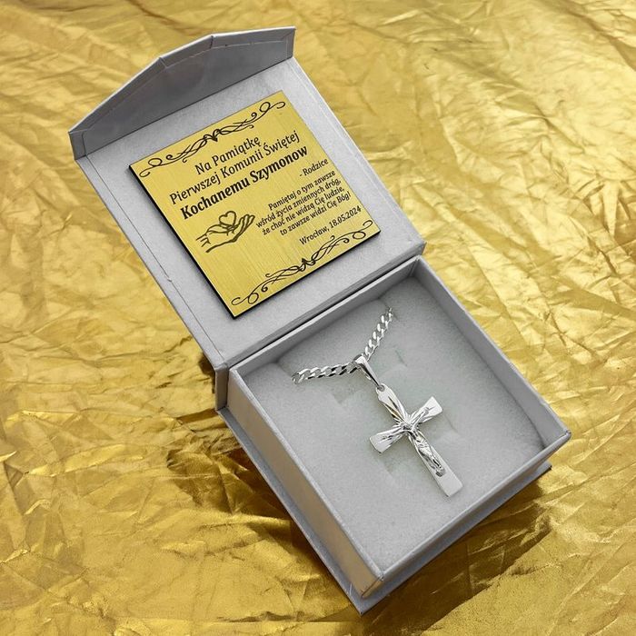 Srebrny Łańcuszek Komunijny + Krzyżyk Jezus 925 + Grawer Na Chrzest Ko
