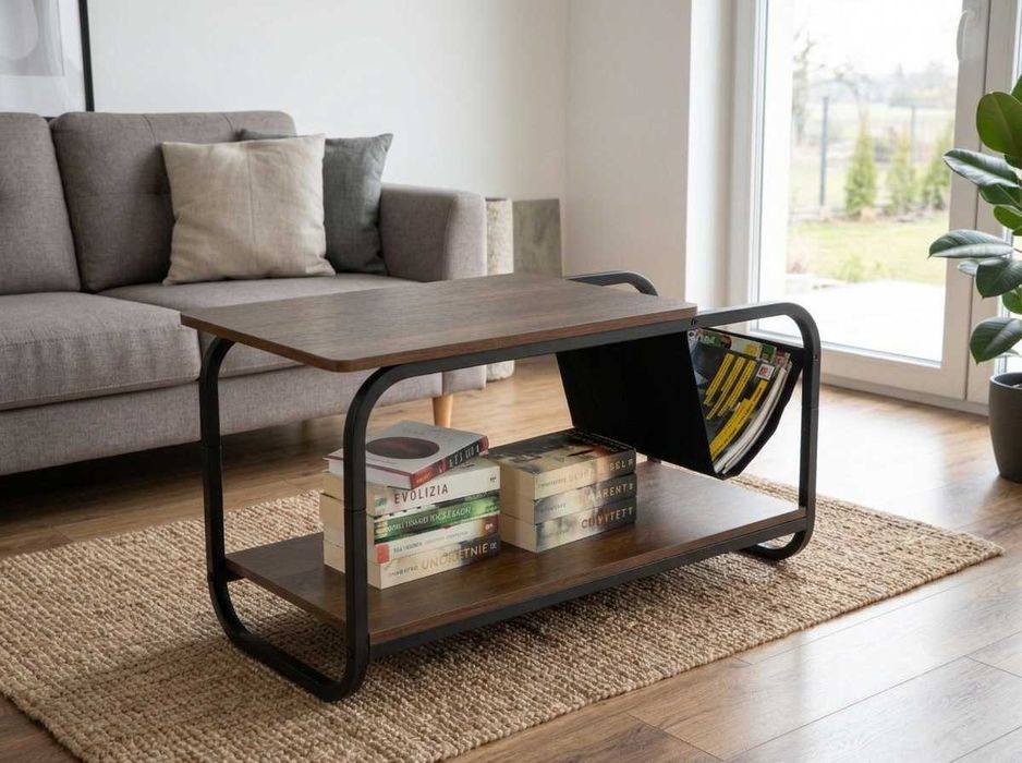 NOWY Stolik Kawowy Loft 2 Poziomy Gazetownik Półka Metal MDF Do Salonu Nowoczesny 86,5 cm Turystyczny Turystyczne