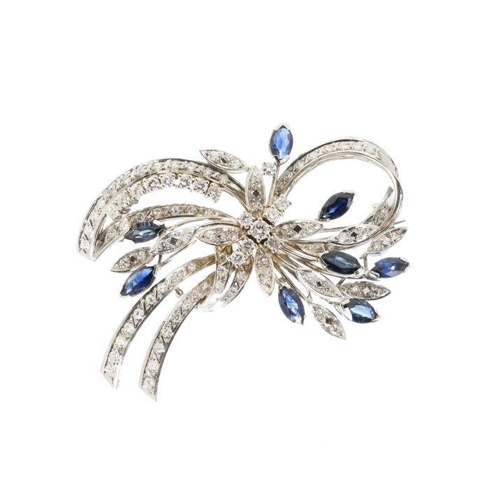Alfinete em Ouro 19.2K; diamantes e safiras